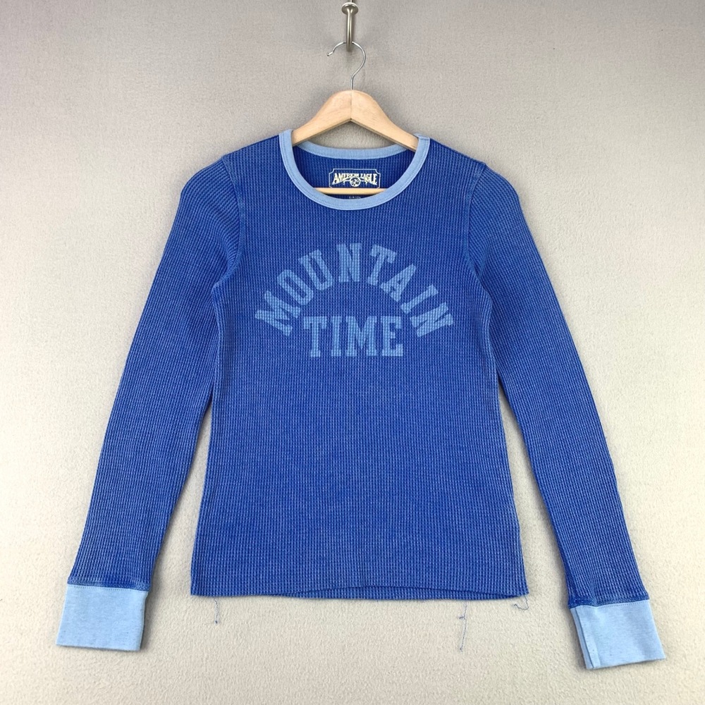 American Eagle Mountain Time Thermal Top Women Small Blue Waffle Knit Graphic